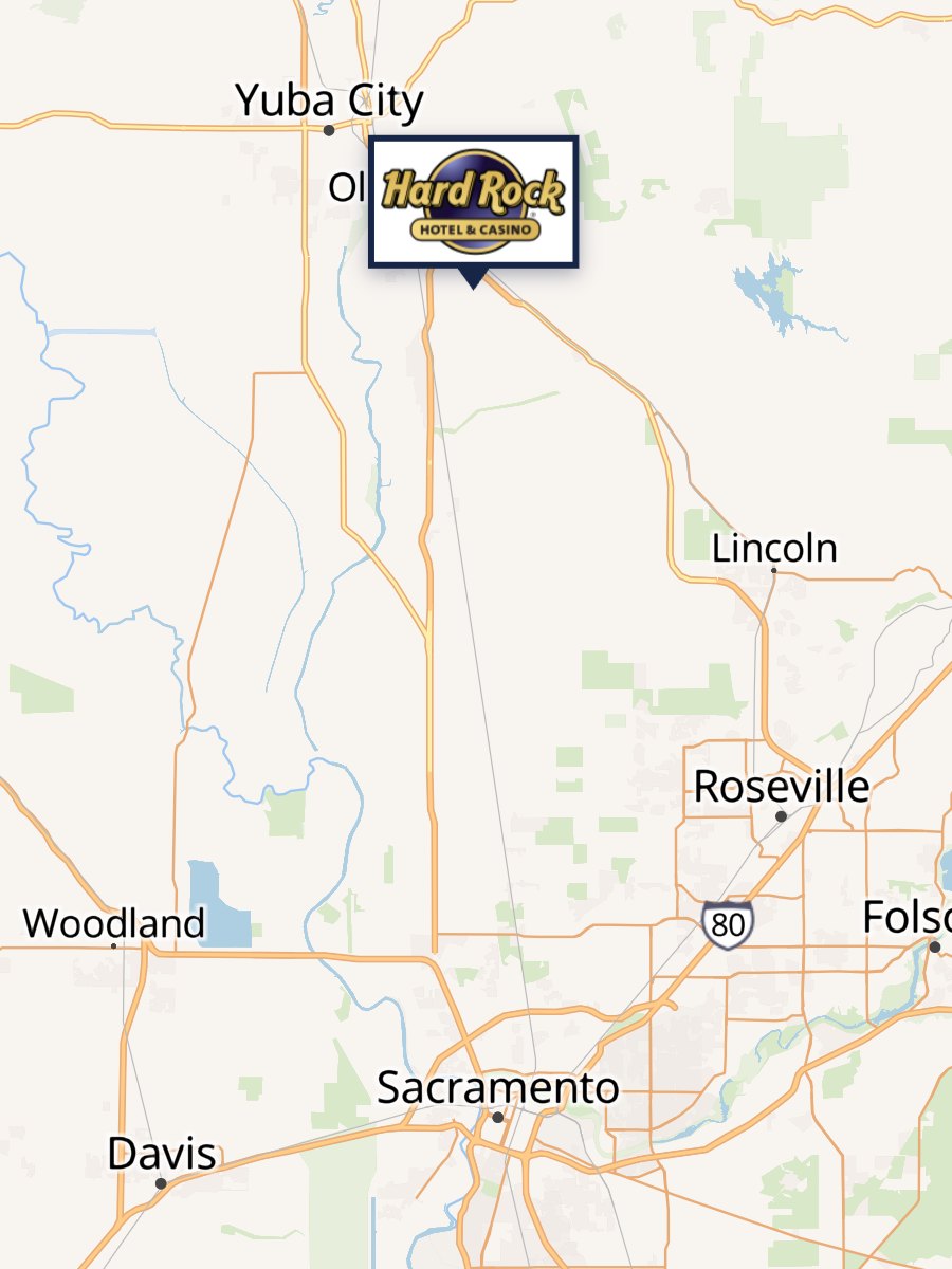 Street map of the Sacramento region with the Hard Rock Hotel & Casino marked near Wheatland, north of Sacramento